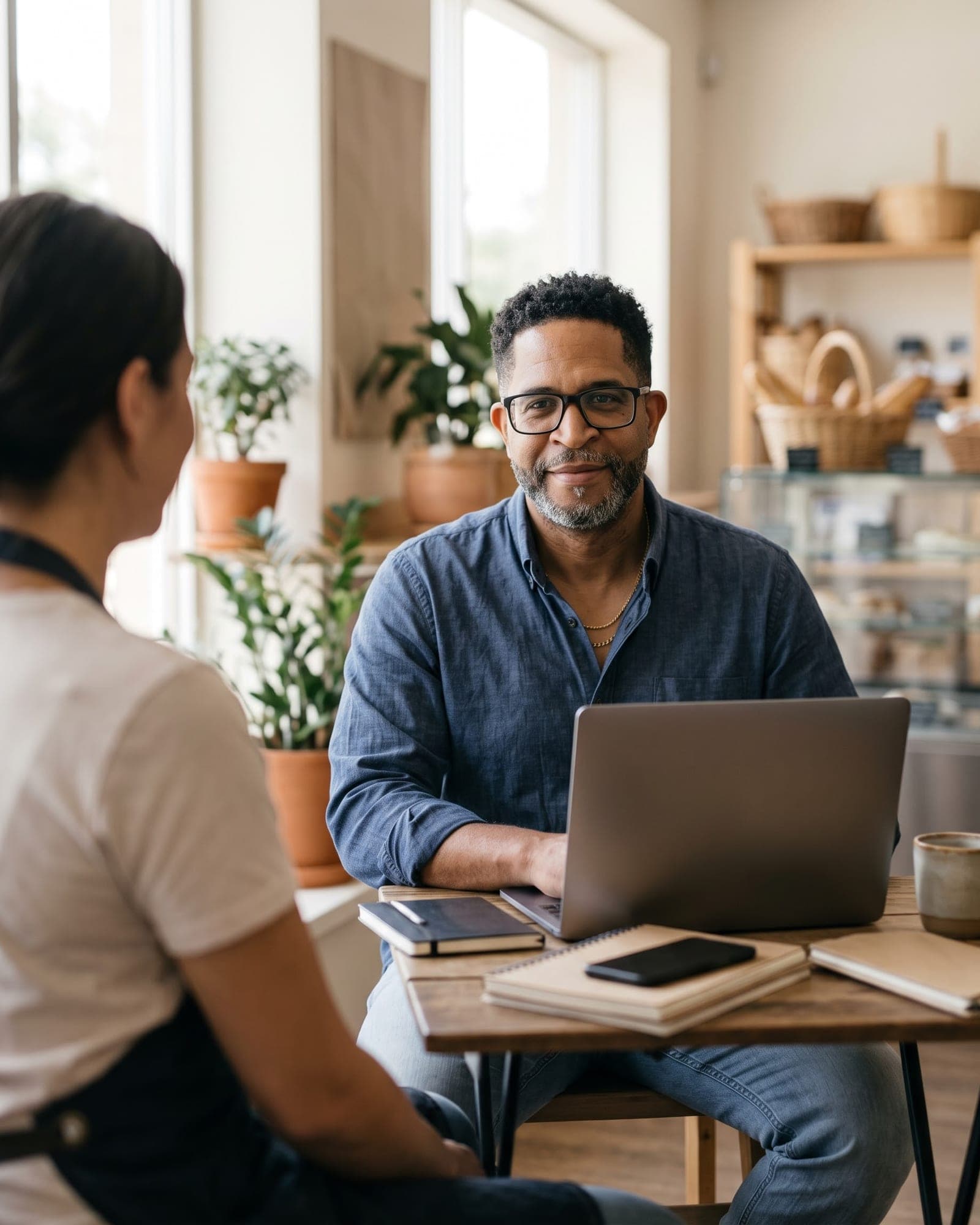 Mike Coleman at a café table with his laptop, talking with a business owner in an apron