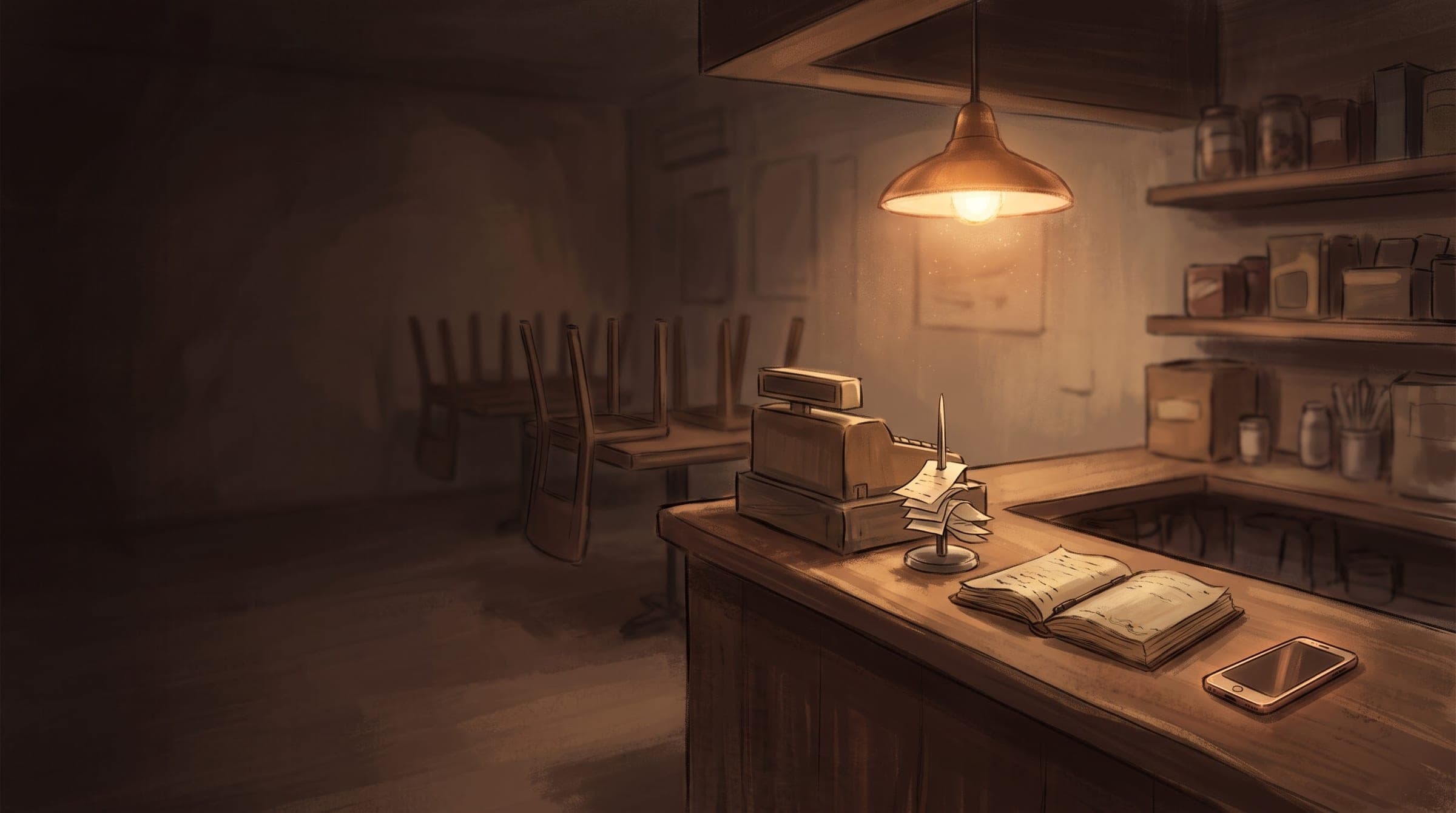 A painting of a small shop counter after closing: one lamp lit over the register, a spike of order slips, an open notebook and a phone, chairs up on the tables.