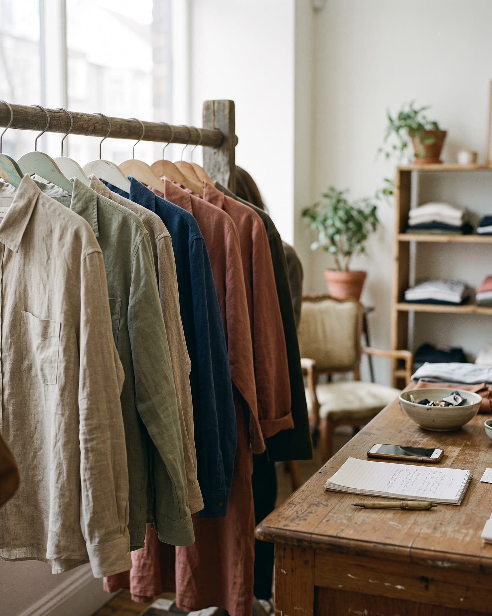 A rail of linen shirts beside a worn wooden counter with a notebook and phone in a small boutique